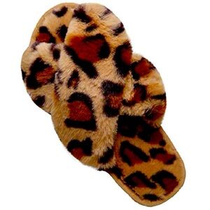 Dena Lives fuzzy furry leopard print criss-cross slippers EU 40-41 US 9 10
